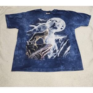 Vtg Y2K The Mountain Wolf Moon Tye Dye Acid Wash Wolves Howl XL Shirt Nature USA